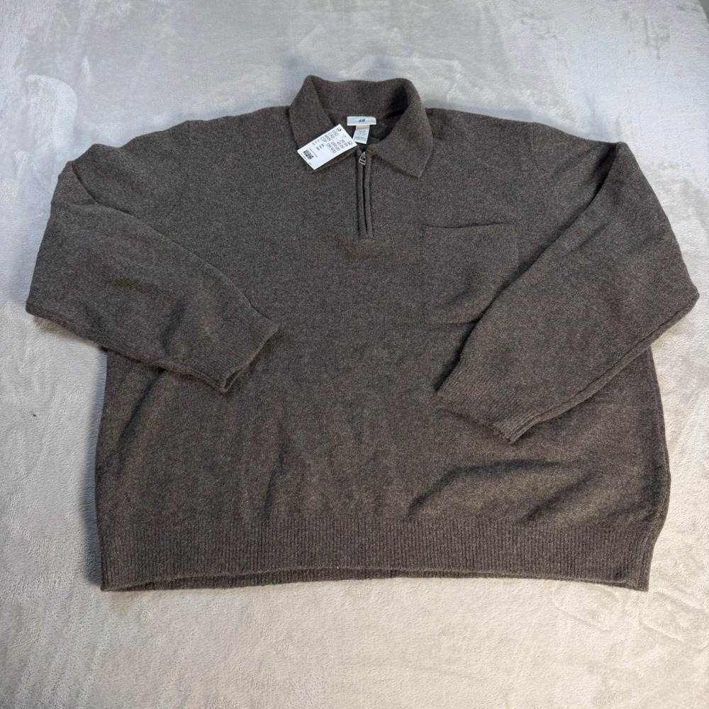 H&M Quarter Zip Sweater Mens XXL Brown Wool Blend Collared Pullover Pocket New
